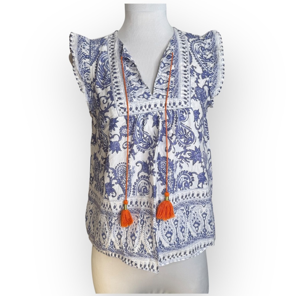 C&C California Blue Paisley Top with Orange Tassel Tie Size XS